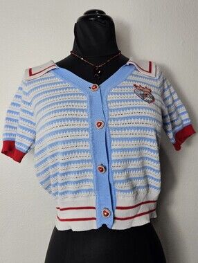 Striped Blue & White Sailor Cardigan with Red Trim